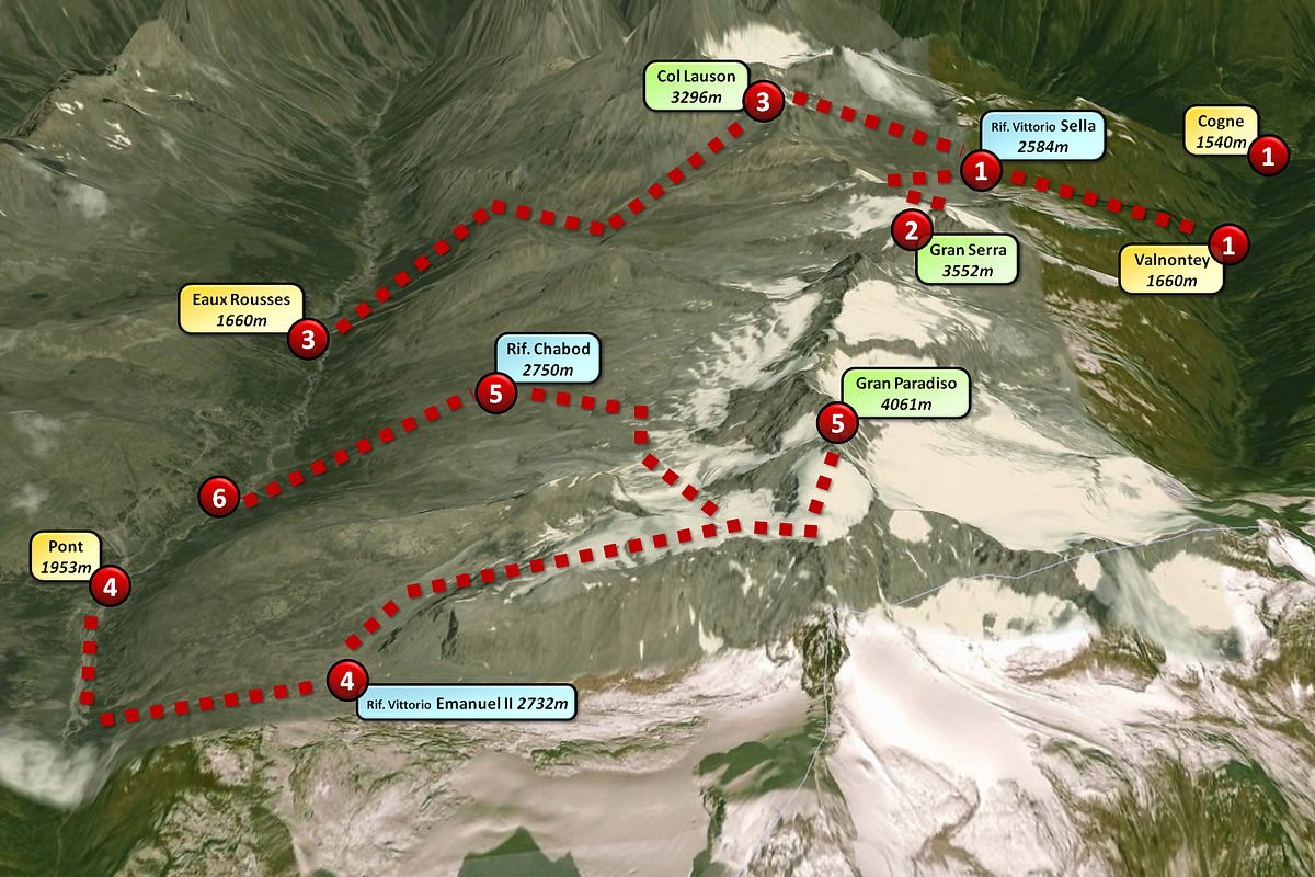Kaart In juli 2009 maakte ik met 8 vrienden en 2 berggidsen en 6-daagse trekking in het nationale park Gran Paradiso, in de Italiaanse Alpen. Het park wordt gekenmerkt door verschillende hoge toppen met gletsjers en er leven ook nog heel wat marmotten, gemzen en steenbokken. Wij beklommen ook 2 bergen, de Gran Serra (3552m) en de Gran Paradiso (4096m), de hoogste berg van Italië. Stefan Cruysberghs